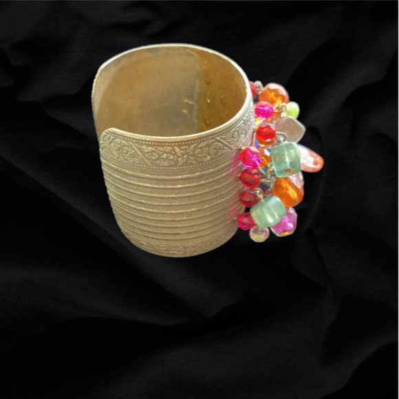 VINTAGE BRACELET -- Wide Silver Cuff Bracelet with Beads & Crystals, Aztec Vibe - Picture 4 of 8